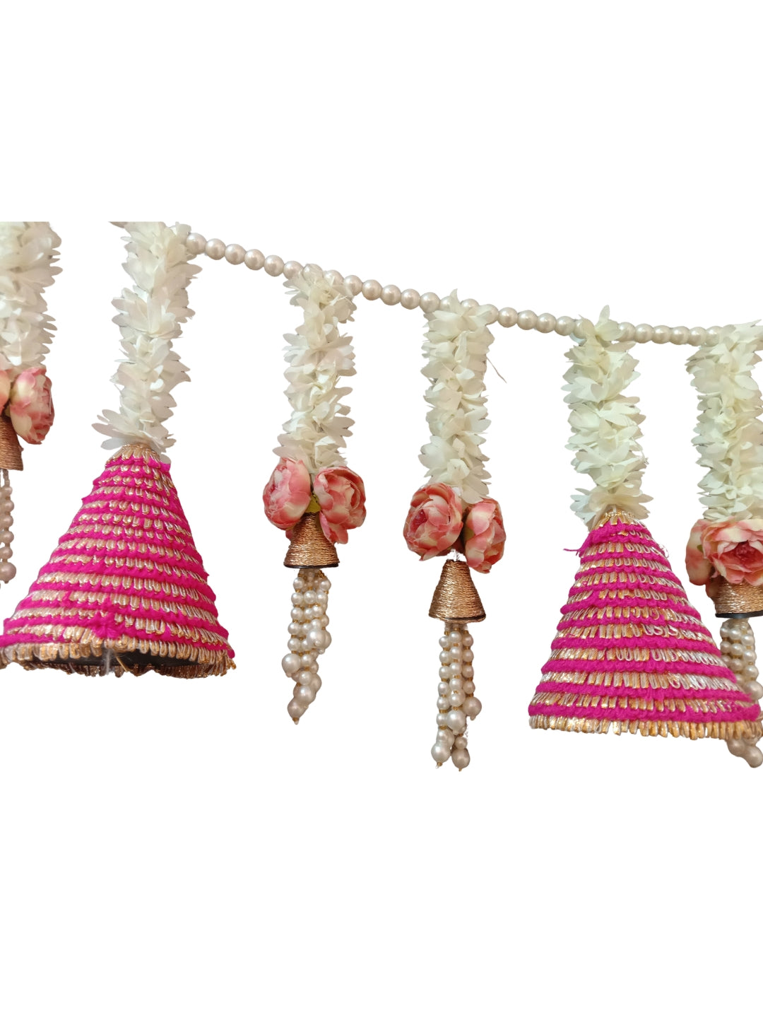 Artificial gajra with pink flower and large pink gota cone toran