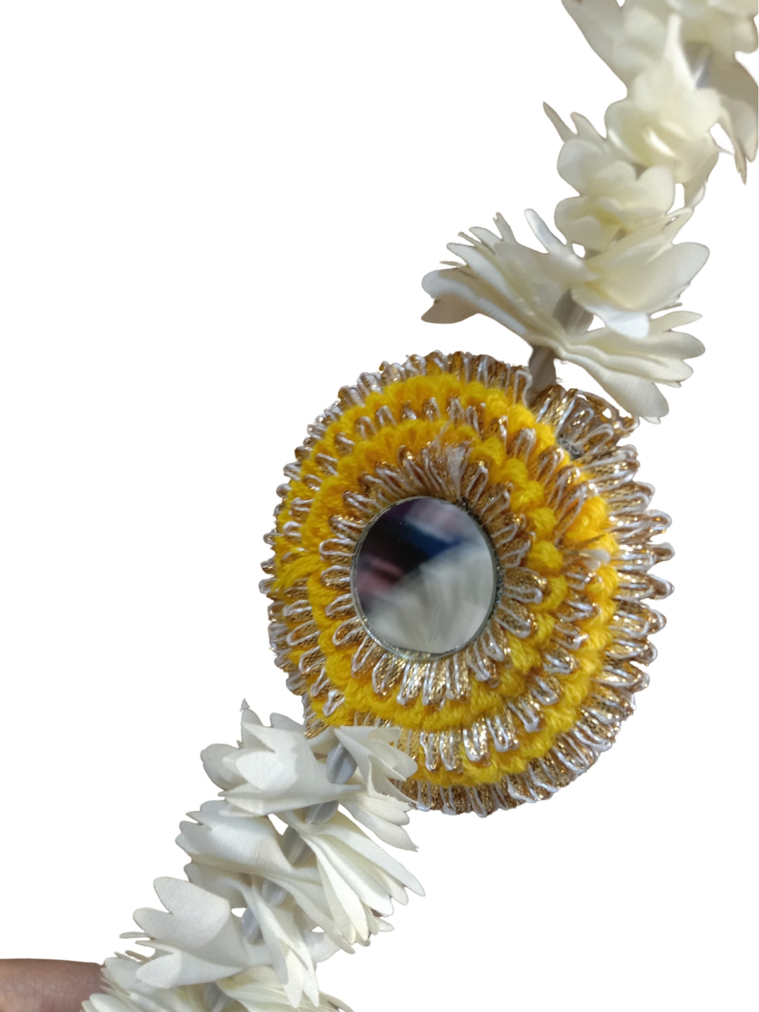 Artificial White gajra with yellow cone and mirror sidehanging set of 2