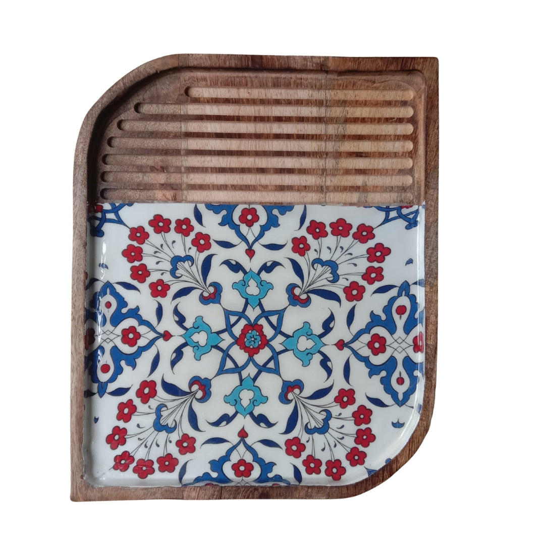 Turkish Print Enamel & Ribbed Wooden Rectangular Platter