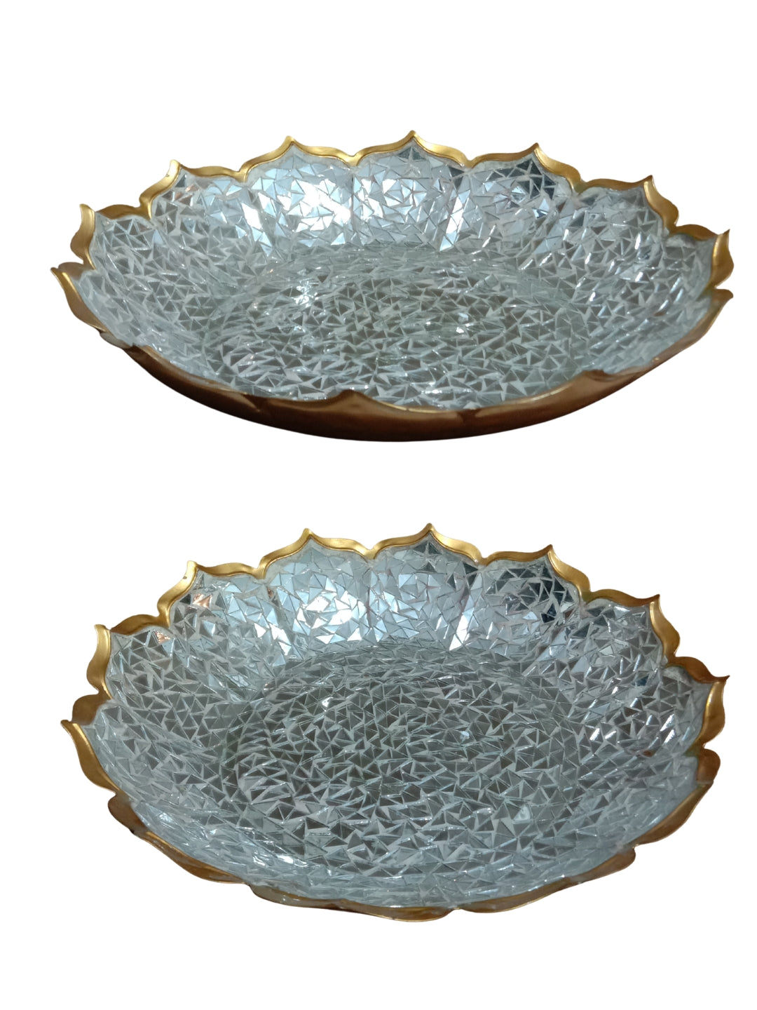 Metal lotus shape mosaic urli platter - silver large 12"