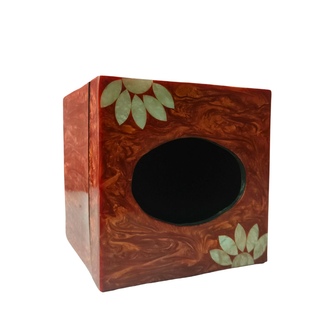 Square Tissue Box - Wooden with Resin Floral Design