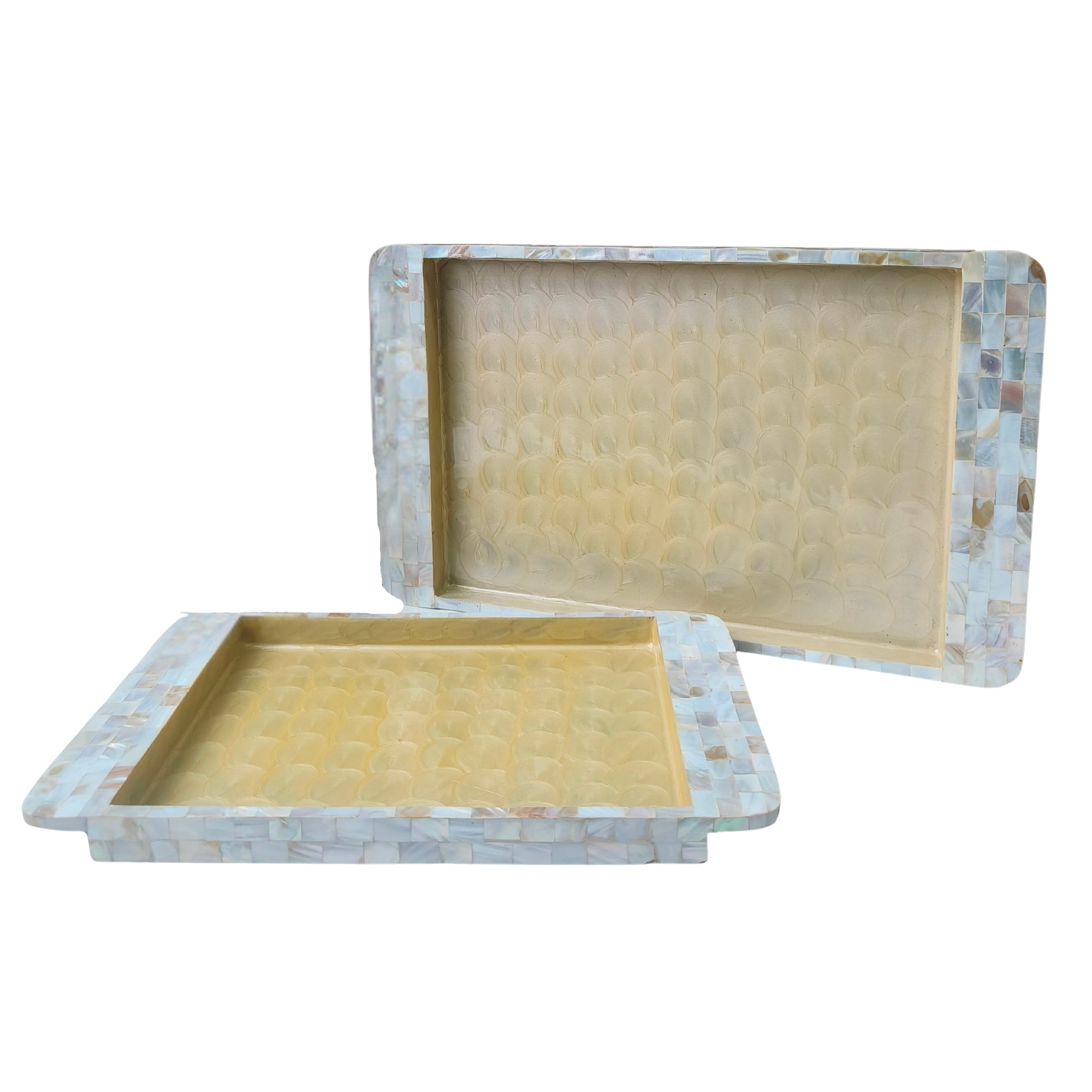 Rectangle Tray Set Of 2 - Wooden with White mother of pearl & yellow enamel