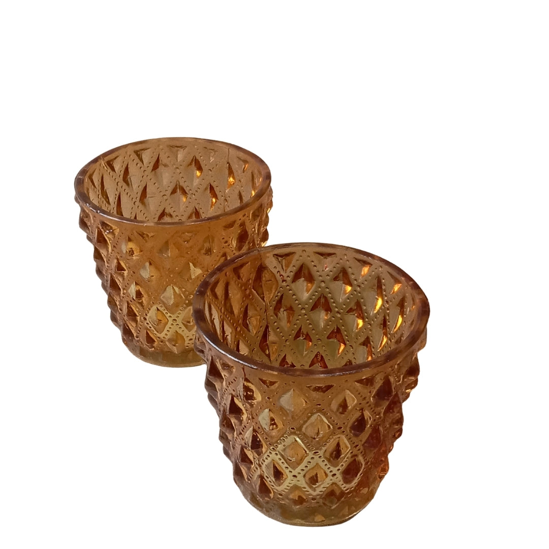 Set of 2 Brown Diamond-Cut Glass Tea Light Votive Holders