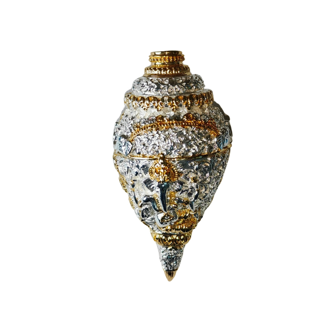 The Home Co- 999 Pure Silver Plated & 24K Gold Plated Ganesh Shankh Sacred 5 Inch Dual-Tone Conch Shell