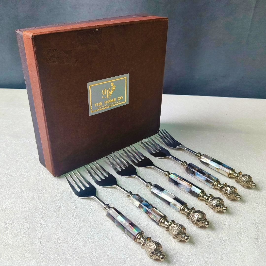 Cutlery Set Of 6 - Black Mother Of Pearl With Silver Knob Table Fork