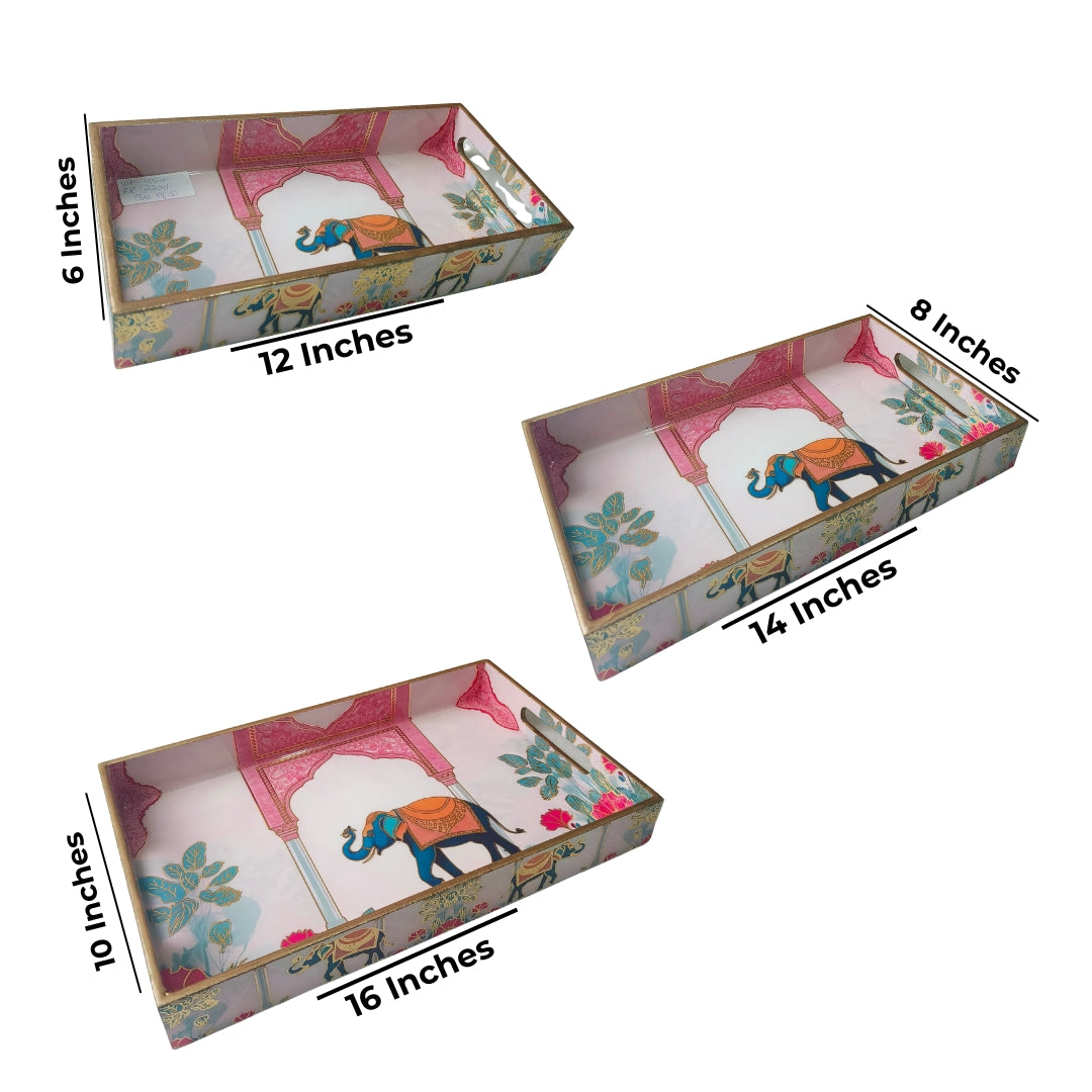Elephant Pink Pattern Design Enamel Tray(Tray Set of 3)