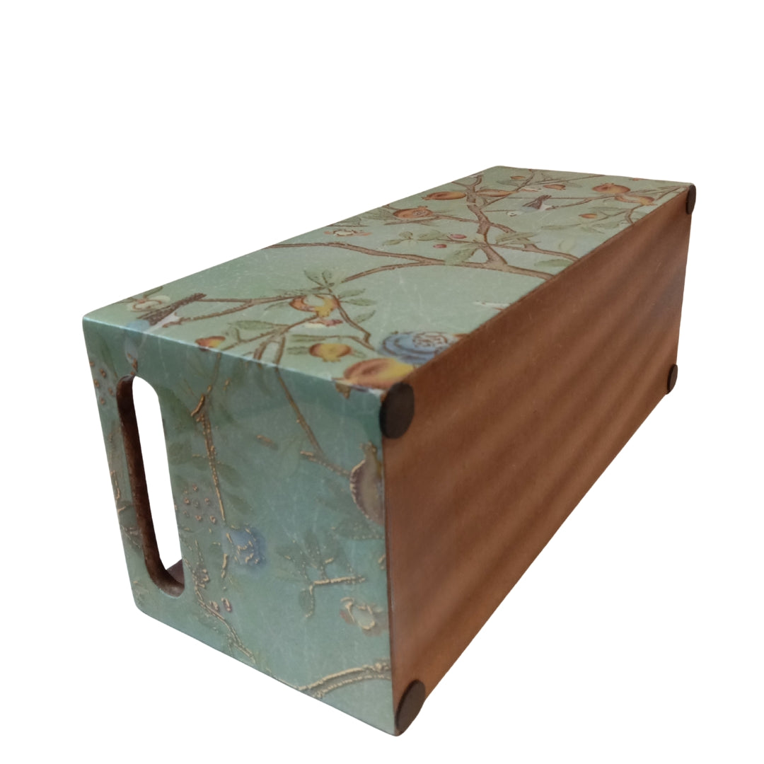 Wooden green peacock & bird print & enamelled 3 Partition Caddy
