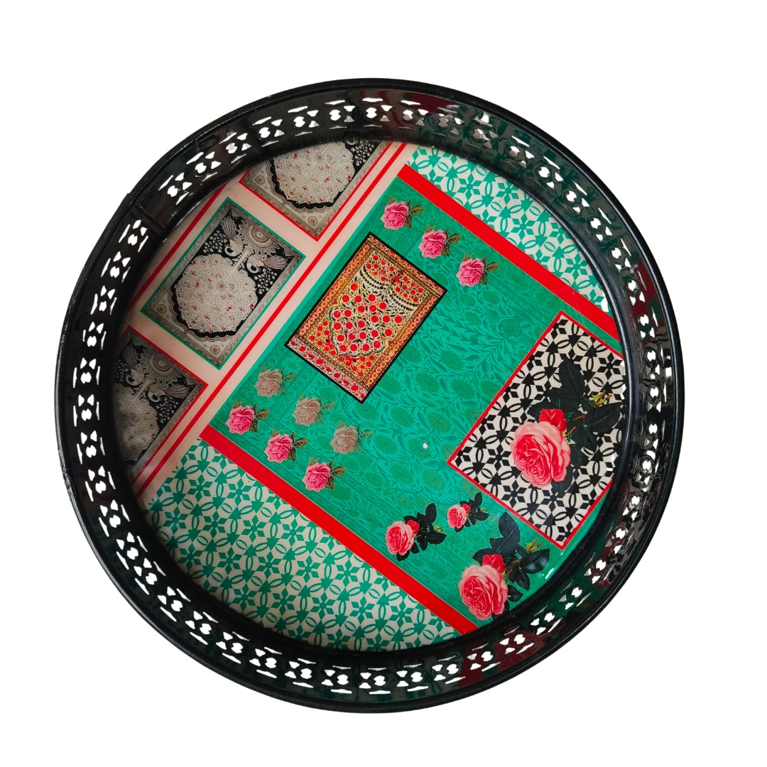 Metal Round Tray - Green Mughal Print Small