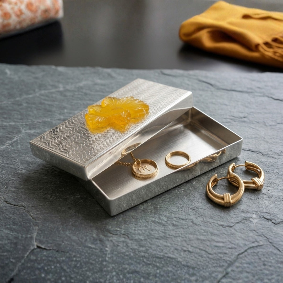 Luxury Silver Plated Cash Box with Yellow Resin Motif & Premium Velvet Case