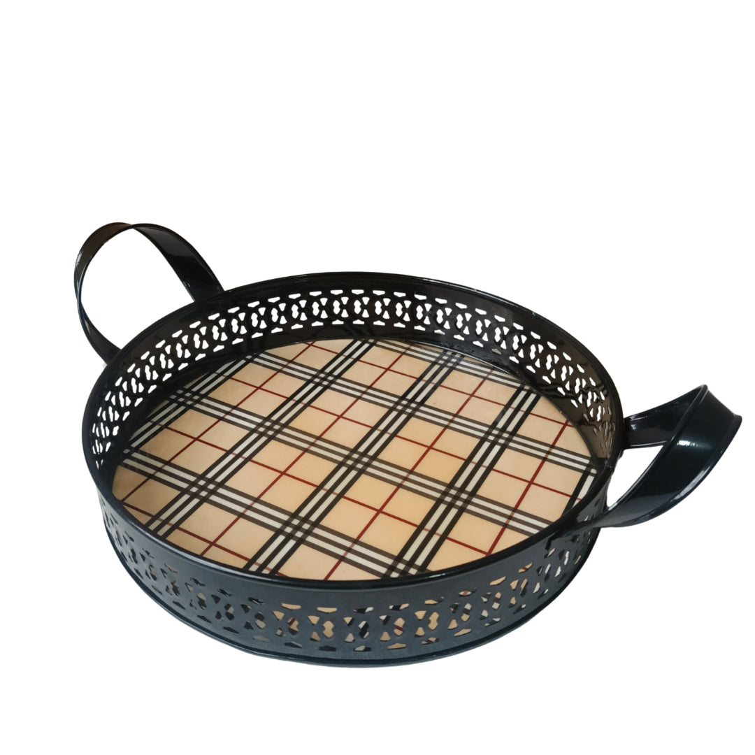 Checks Print Metal Tray With Handle Large