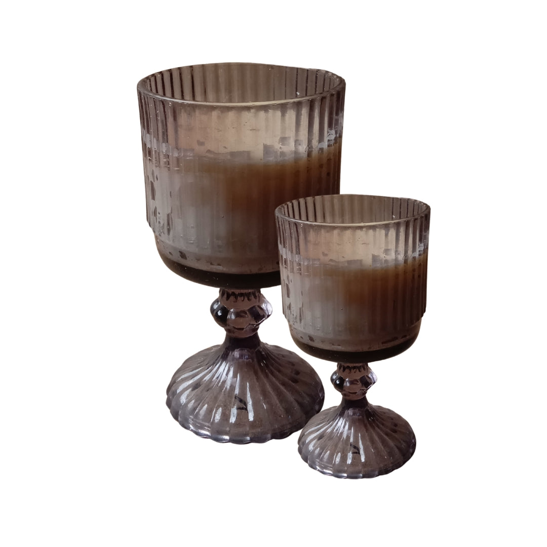 Set of 2 Grey Ribbed Glass Pedestal Scented Candles (Large & Small)