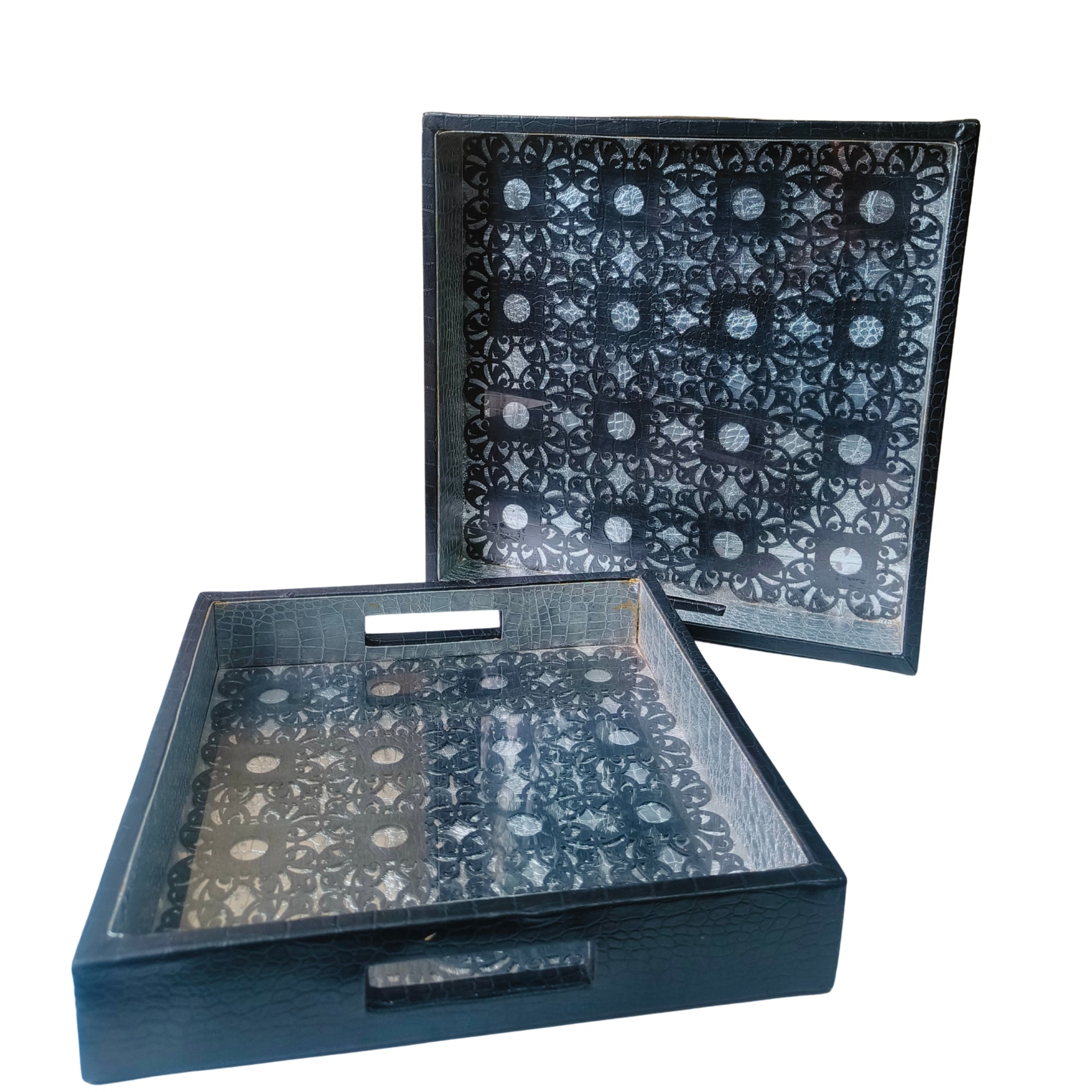 Black Square Leather Tray set of 2