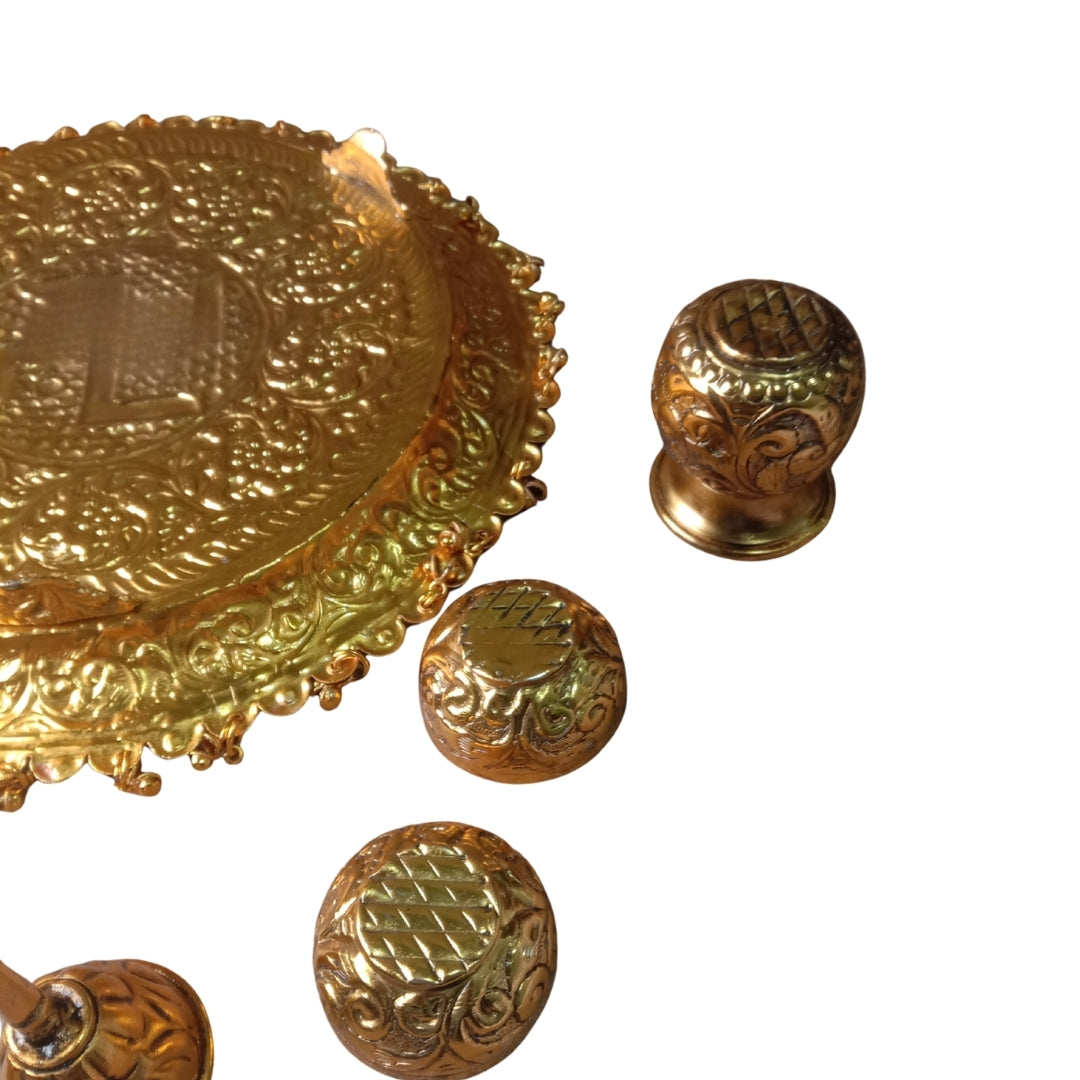 Gold Plated Complete Pooja Thali Set in Red Velvet Box for Sacred Worship