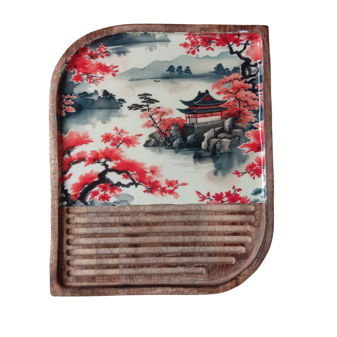 Japanese Art Print Enamel & Ribbed Wooden Rectangular Platter