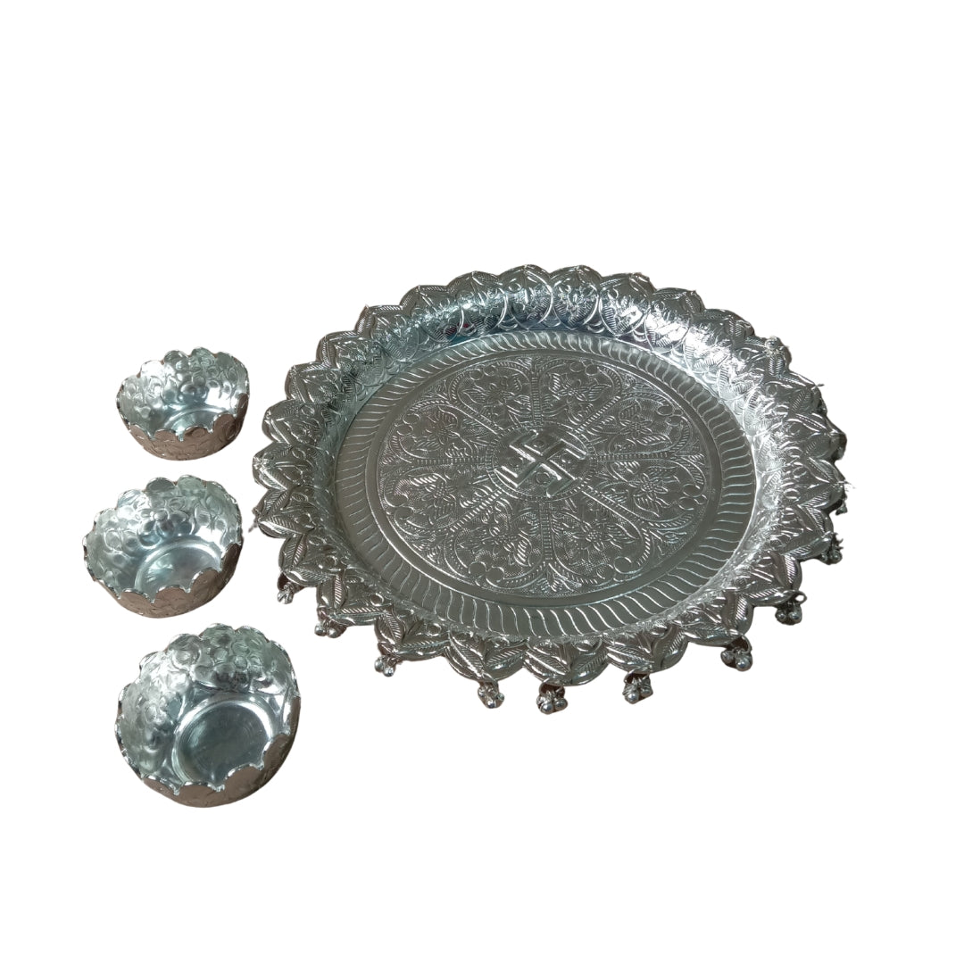 Silver Plated Pooja Thali with Hanging Bells and Three Bowls Set