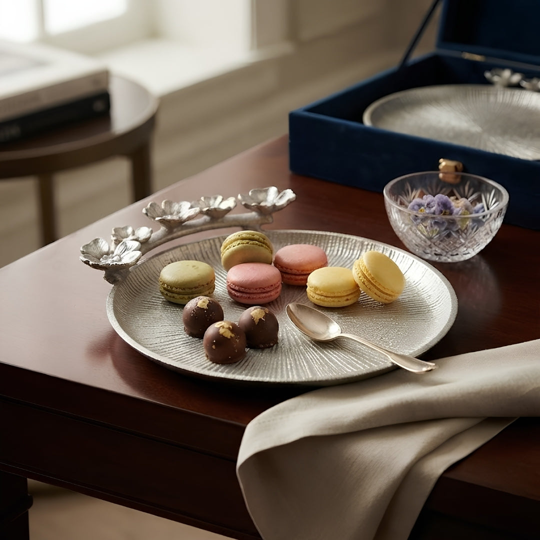 Decorative Silver Floral Platter with Velvet Box