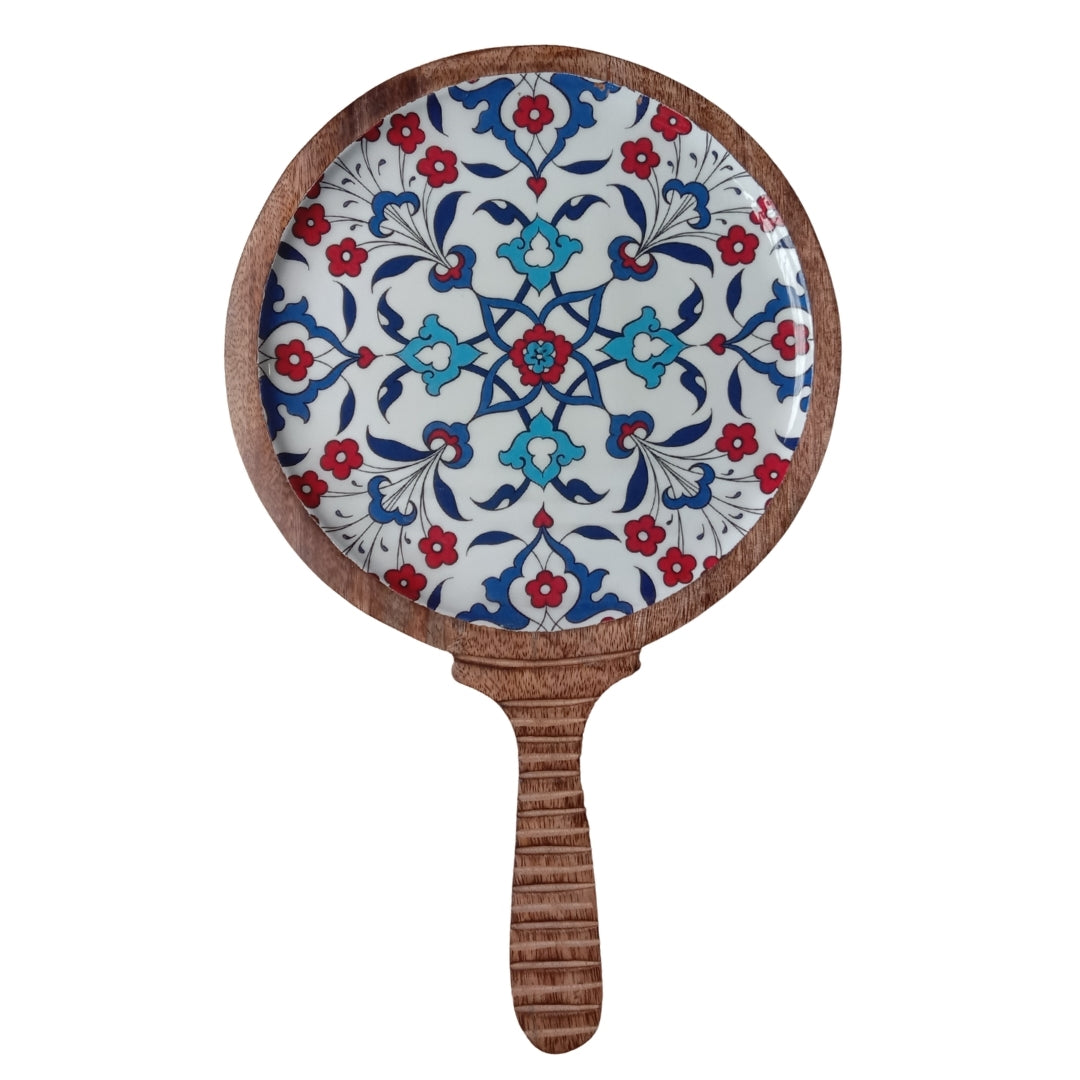 Turkish Print Enamel & Ribbed Wooden Round Serving Platter