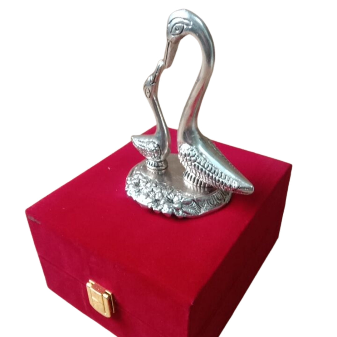 Silver Plated Double Swan Figurine in Red Velvet Box for Luxury Gifting