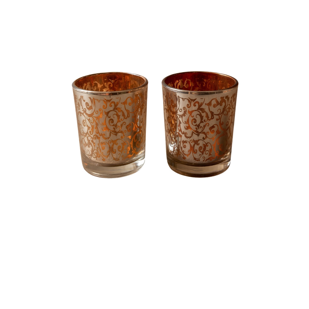 Etched Orange Glass Votive Candle Holders - Elegant Small Set of 2