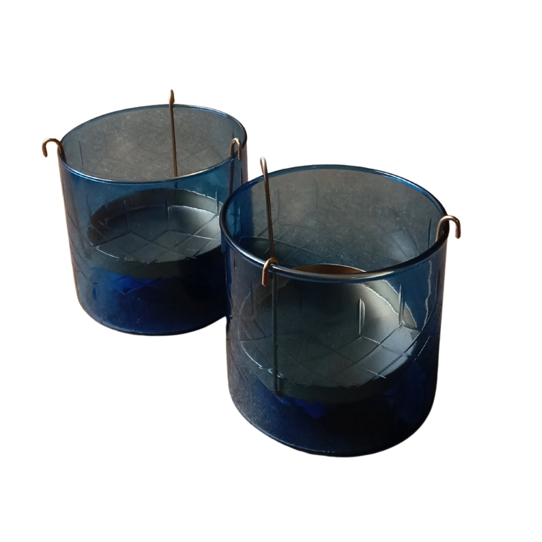 Set of 2 Blue Glass Votives with Internal Metal Tea Light Holders