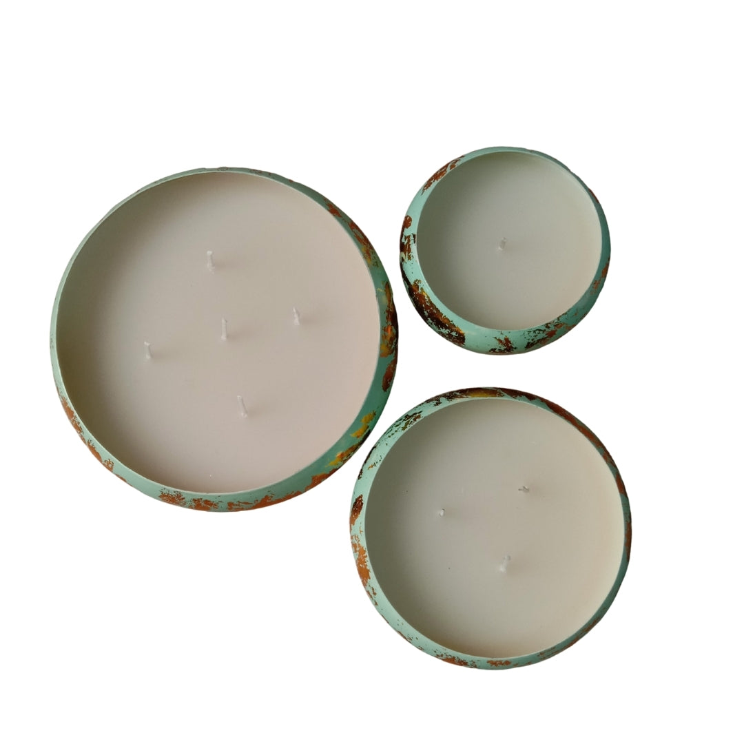 Mint & Gold Leaf Decorative URLI WITH WAX Candle Set of 3