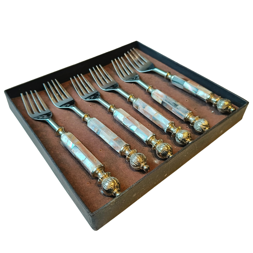 Cutlery Set Of 6 - Brown Mother Of Pearl With Silver Knob Table Fork