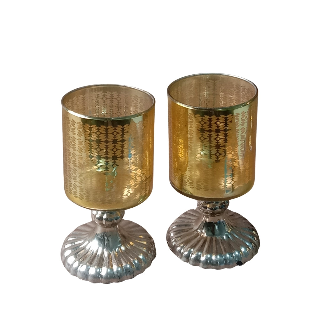 Set of 2 Yellow Leaf-Etched Glass Pedestal Tea Light Holders