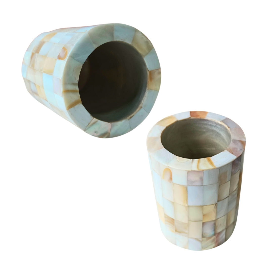 Wooden Mother of pearl & white enamel Bathroom Set of 2