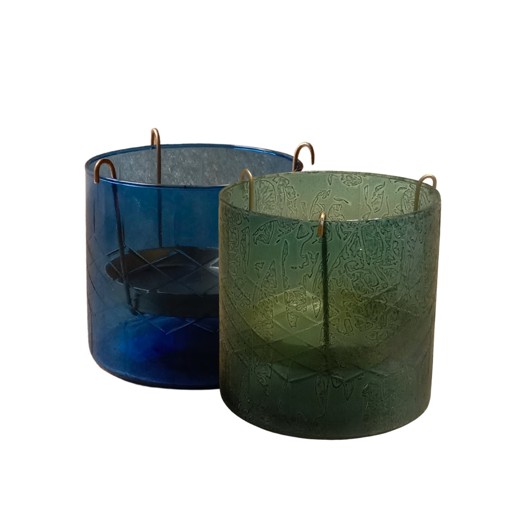 Set of 2 lightBlue & Dark blue Glass Votives with Internal Metal Tea Light Holders