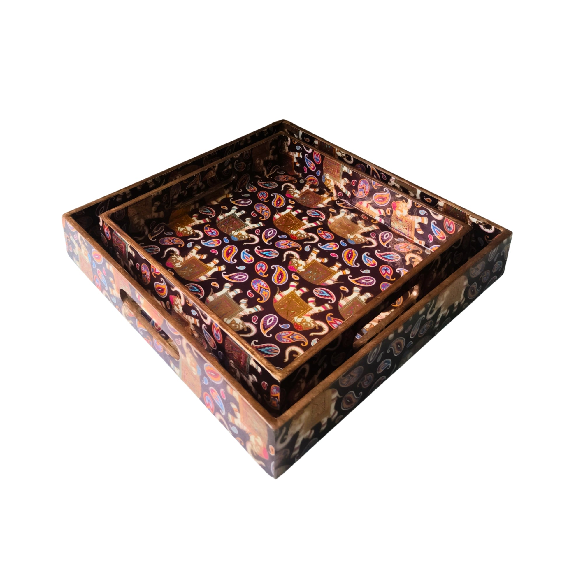 Rectangle wooden Golden Elephant Embossy Design Enamel Tray set of 2