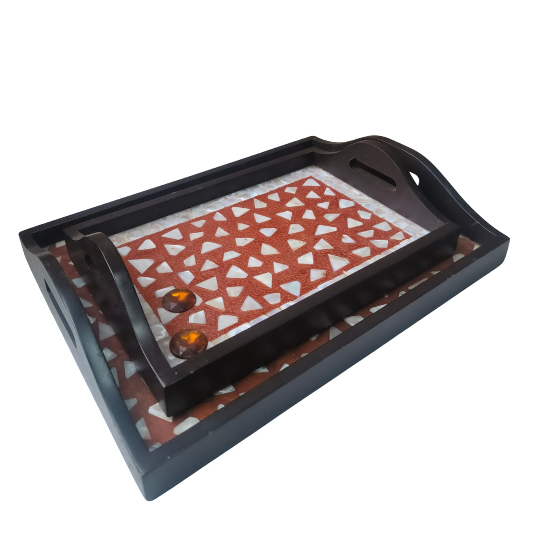 Set of 2 - wooden mother of pearl & chemical trays