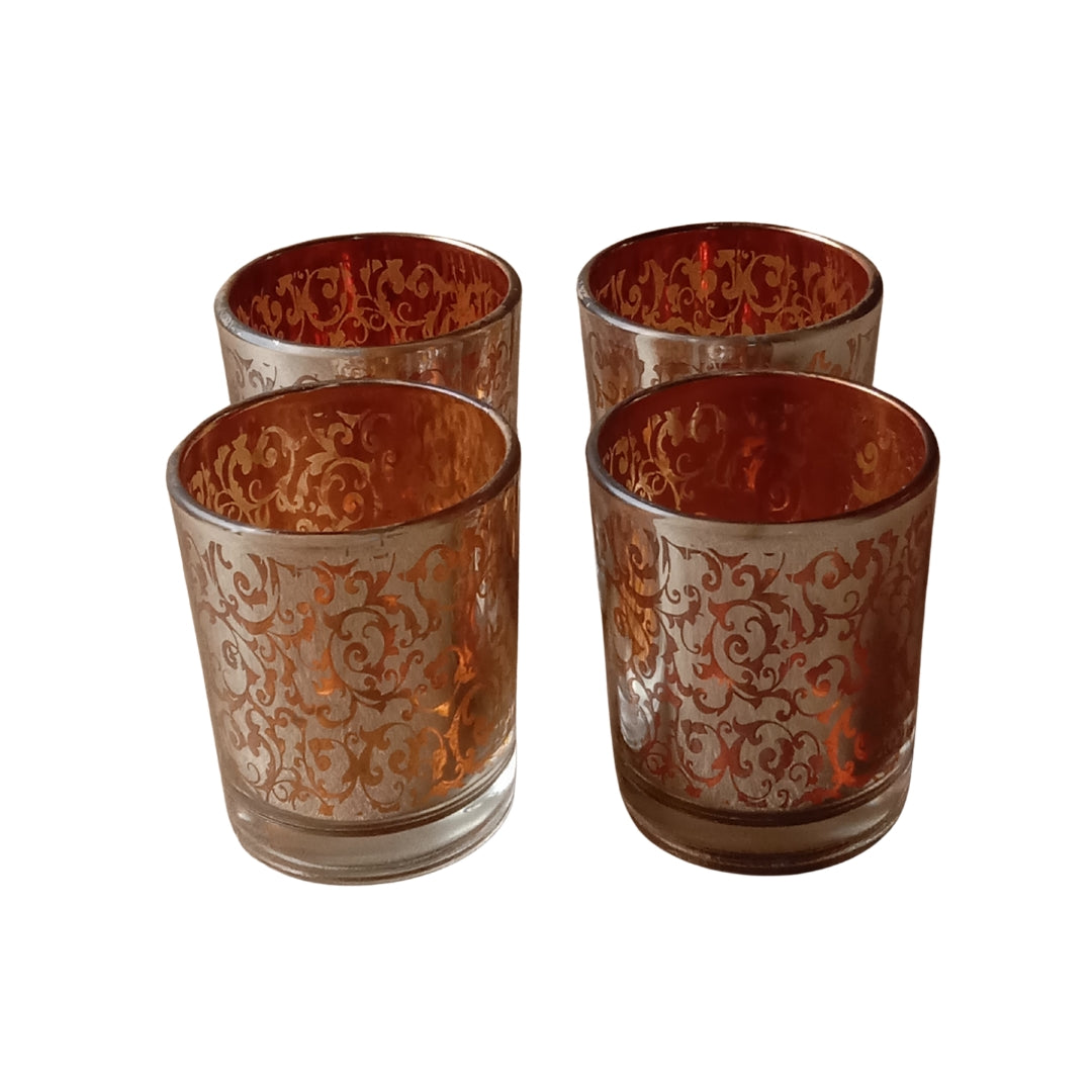 Etched Orange Glass Votive Candle Holders - Elegant Small Set of 4