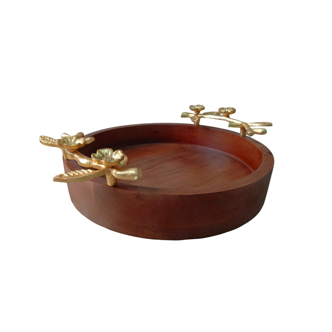 Wooden Large Round Serving Tray with Gold Floral Branch Handles