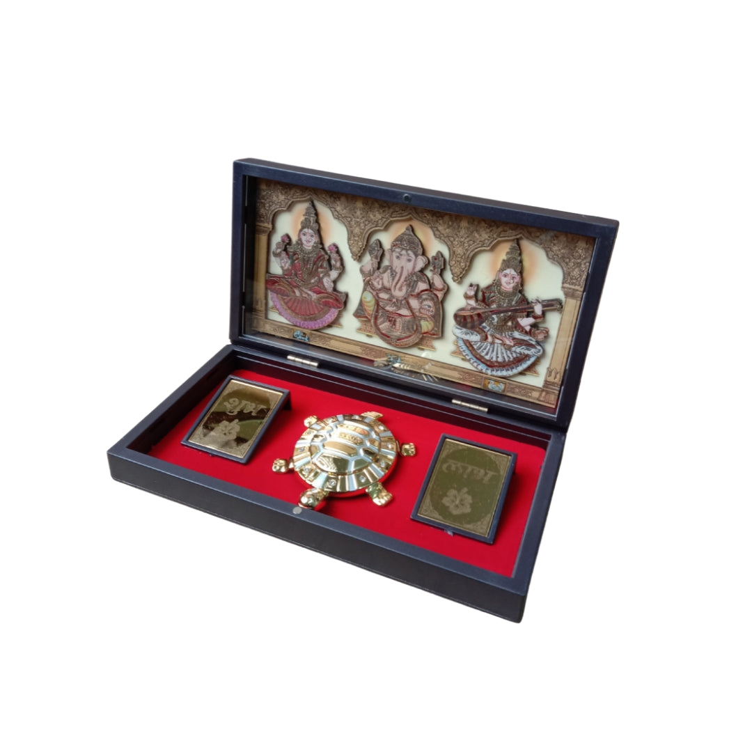 24K Gold Plated Laxmi Ganesh Saraswati idol with Shubh Labh Kachua pooja Box