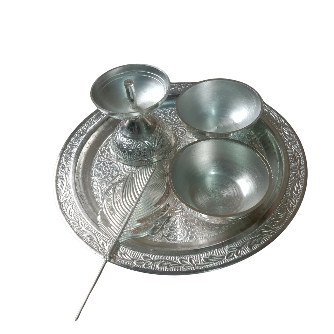 Silver Plated Pooja Thali Set with Swastik Design in Royal Blue Velvet Box