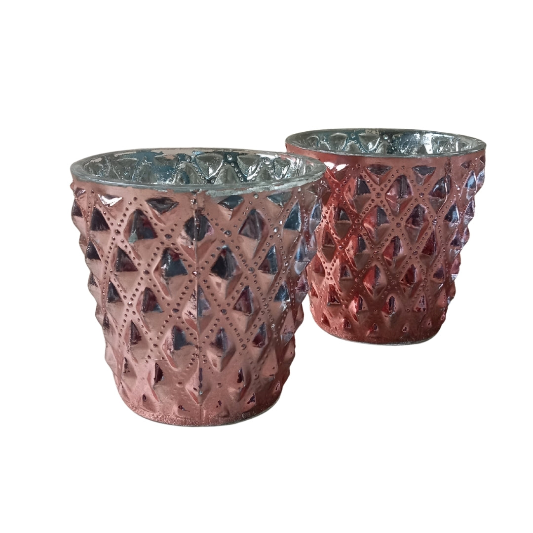 Set of 2 Copper Diamond-Cut Glass Tea Light Votive Holders