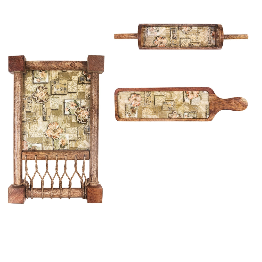 Green mughal print & enameled Wooden Khatiya Platter Set of 3 - khatiya platter , belan platter , bat platter