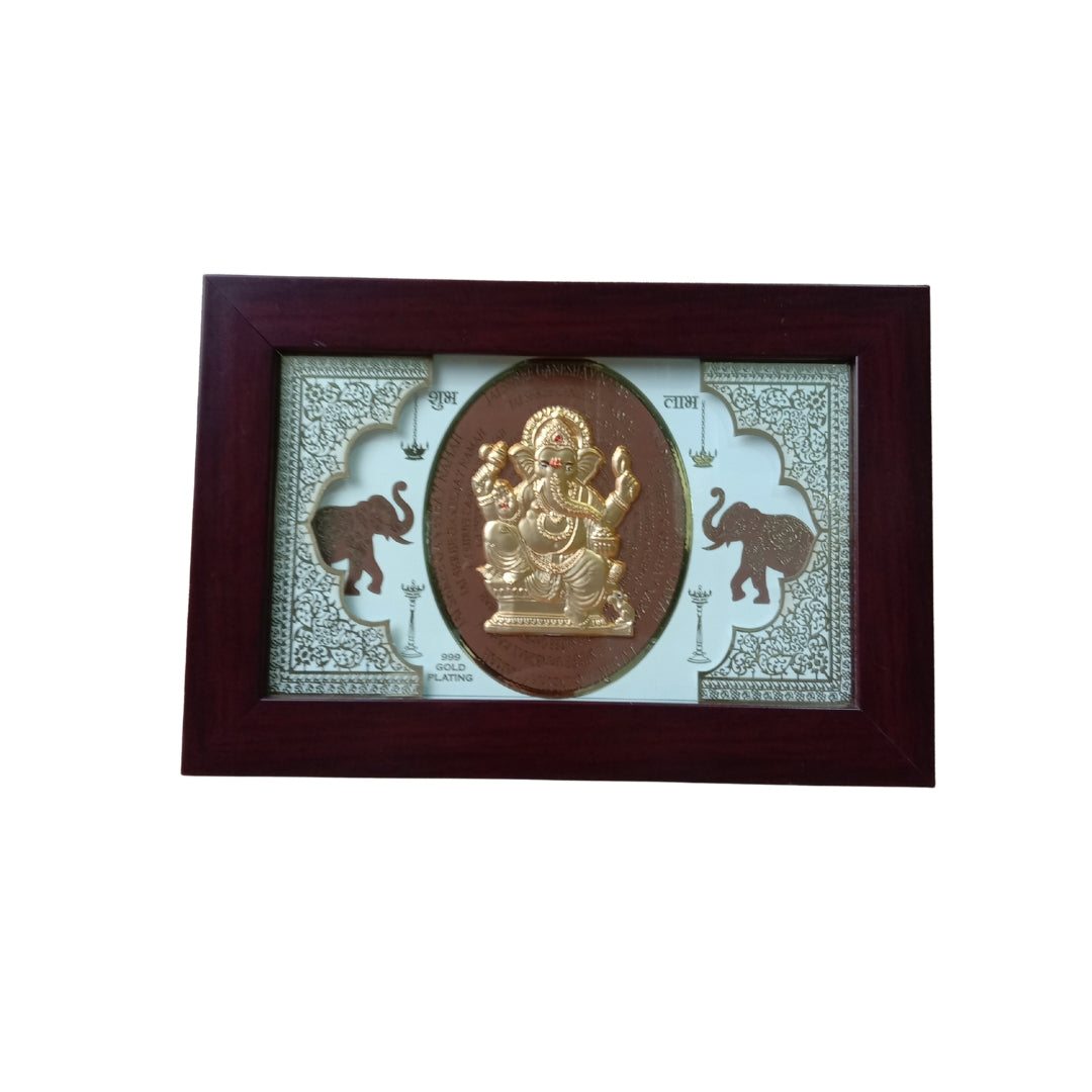 24K Gold Plated Ganesha Idol Wooden Frame | Divine Gold Plated & Fiber Frame Ganpati Idol for Home Decor