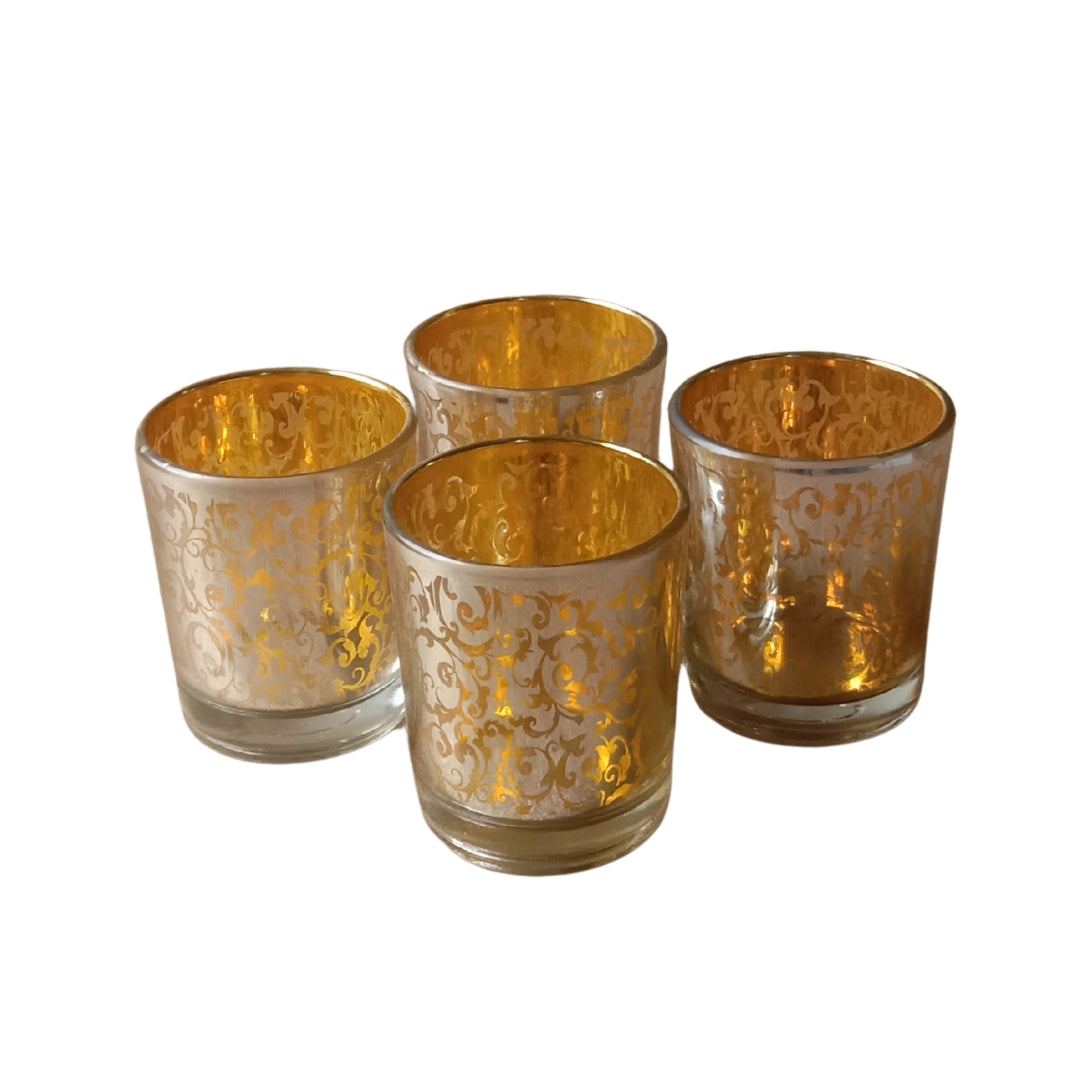 Etched Yellow Glass Votive Candle Holders - Elegant Small Set of 4