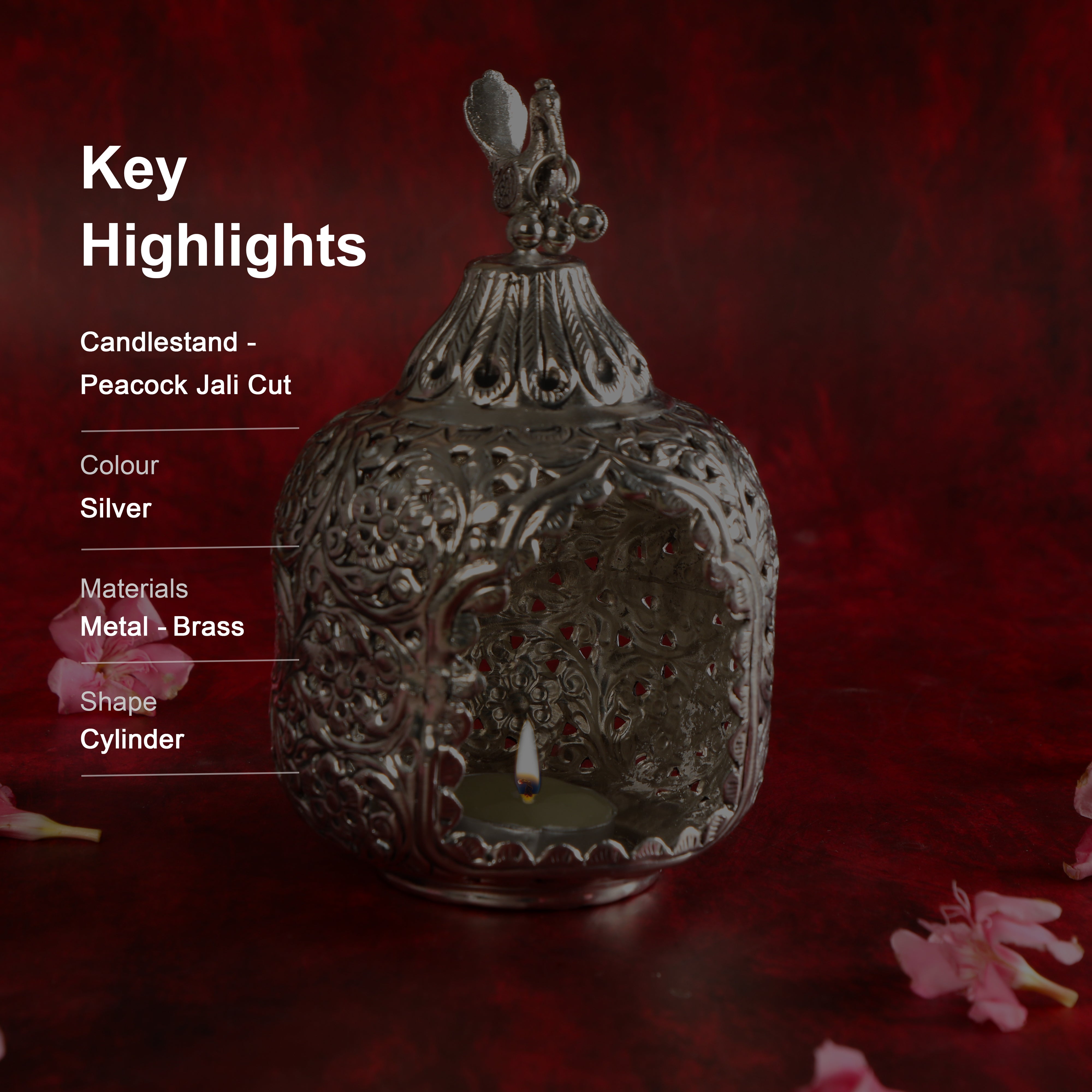 Brass Silver Plated peacock jali cut Candlestand - Large
