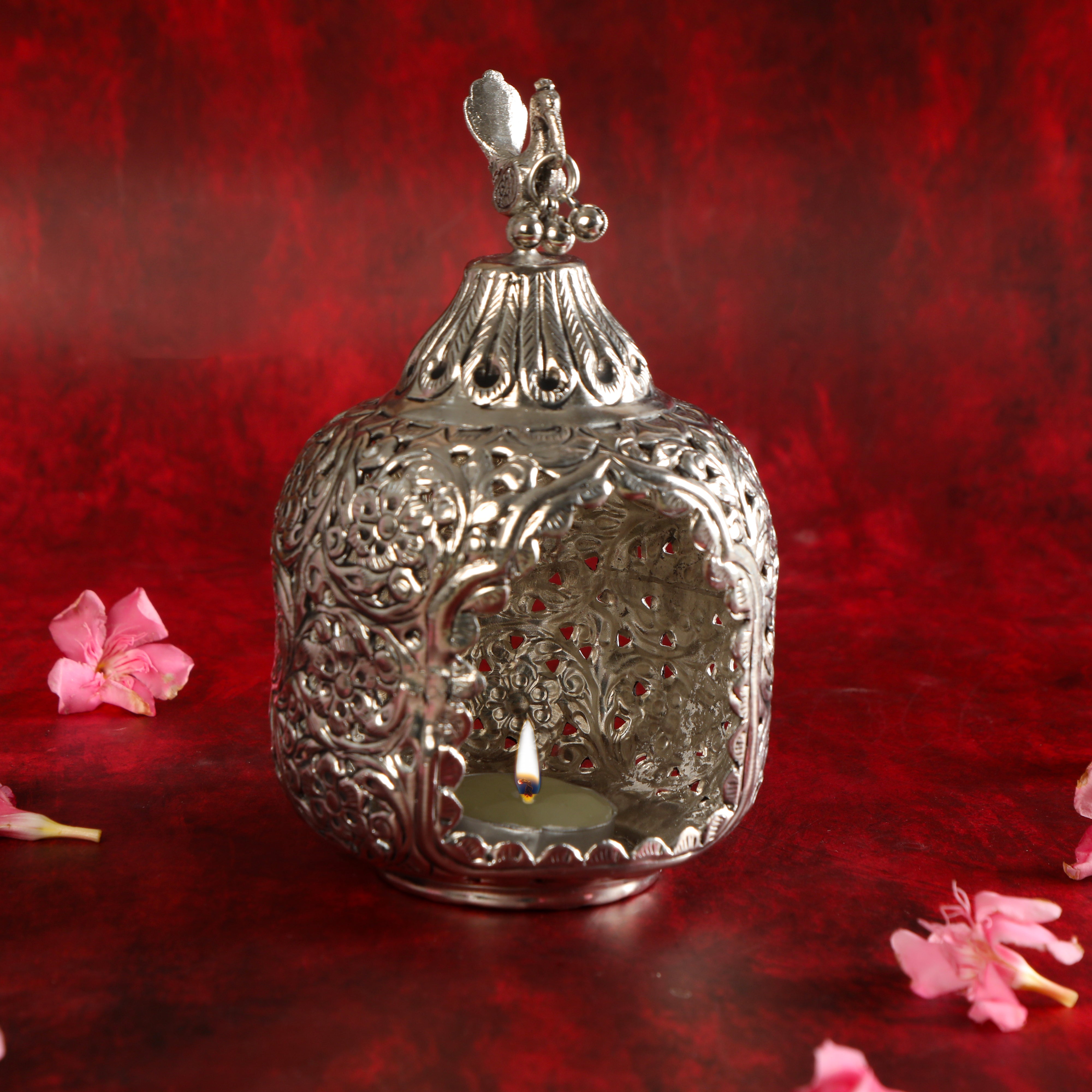 Brass Silver Plated peacock jali cut Candlestand - Large