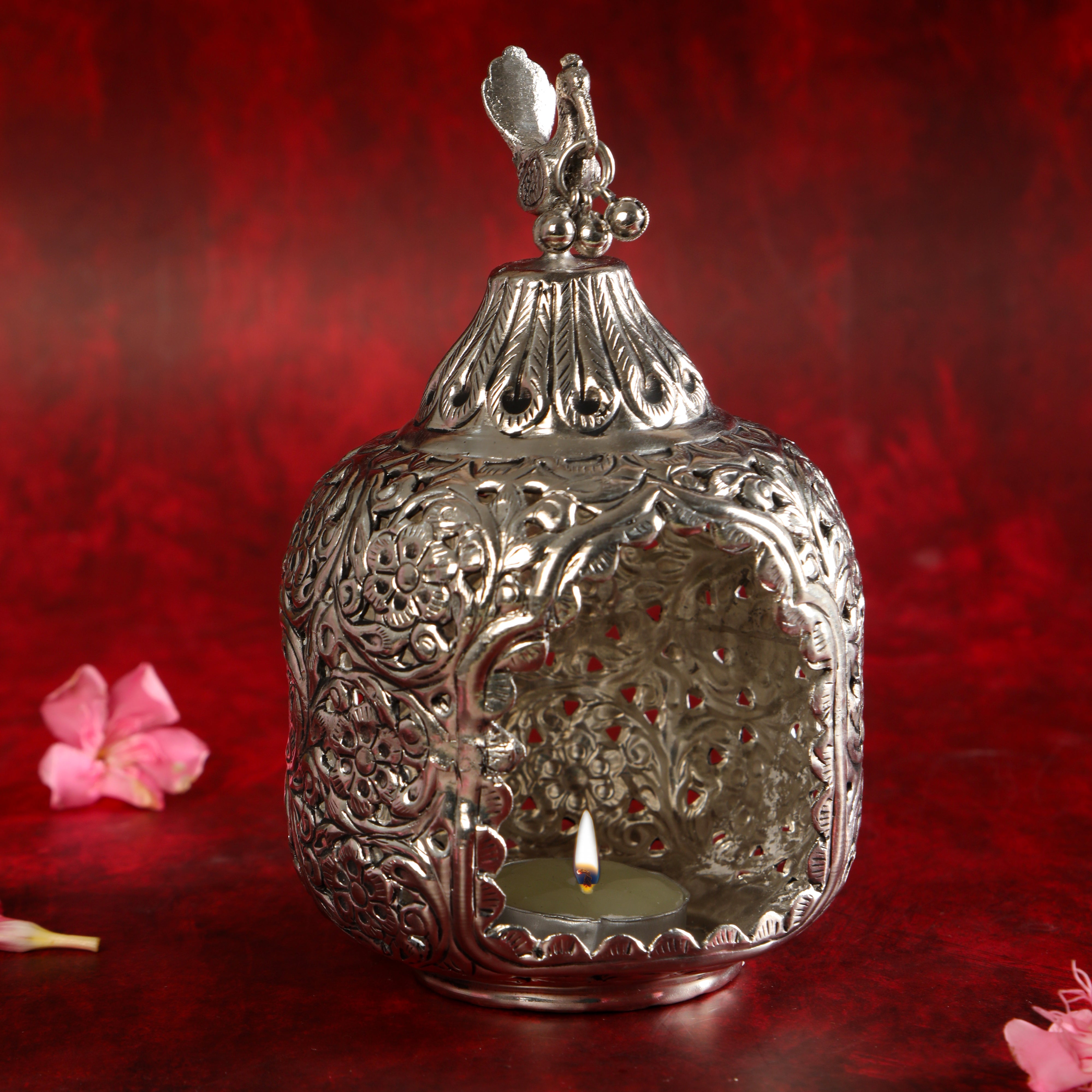 Brass Silver Plated peacock jali cut Candlestand - Large