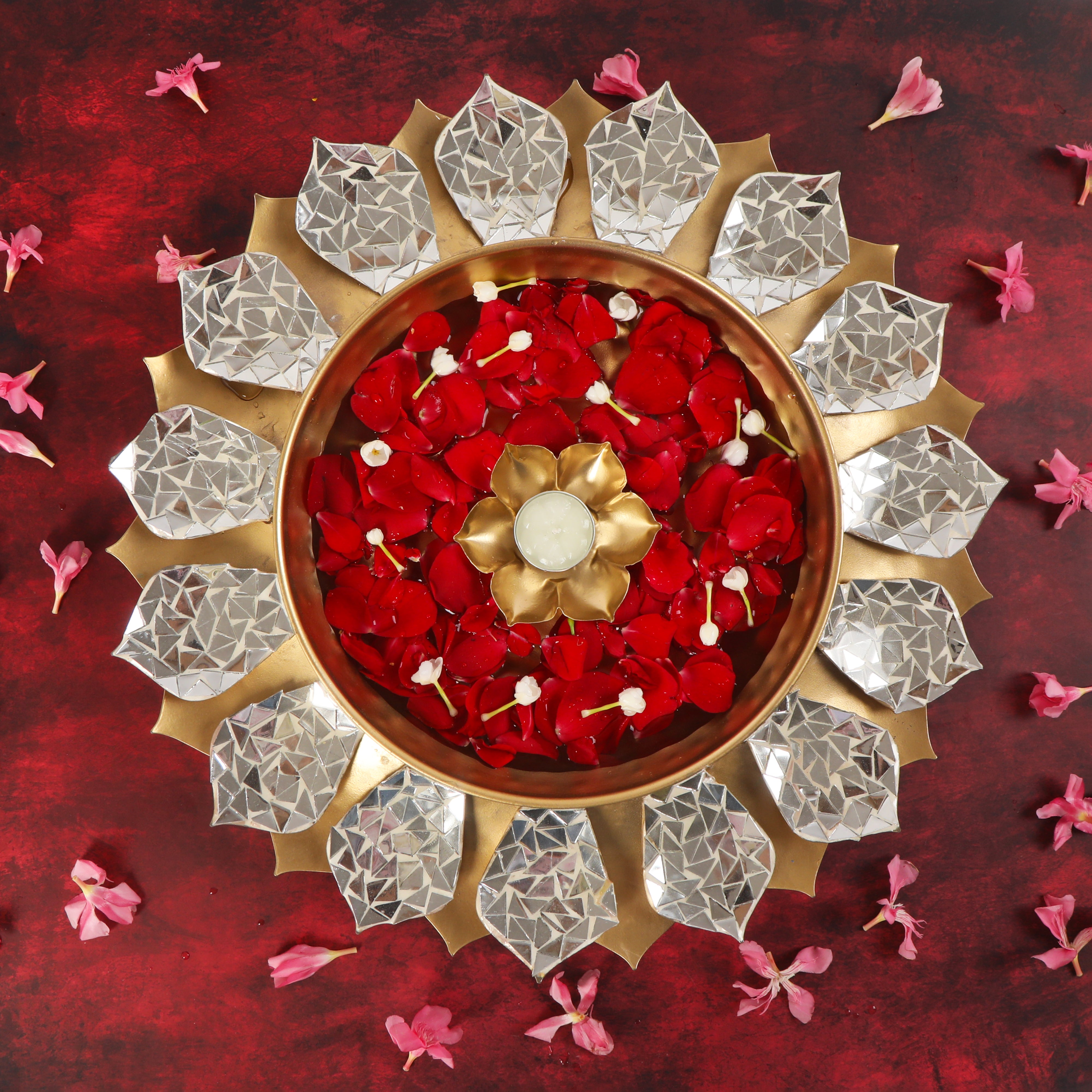 Silver Metal With Mosaic Lotus Urli - Medium