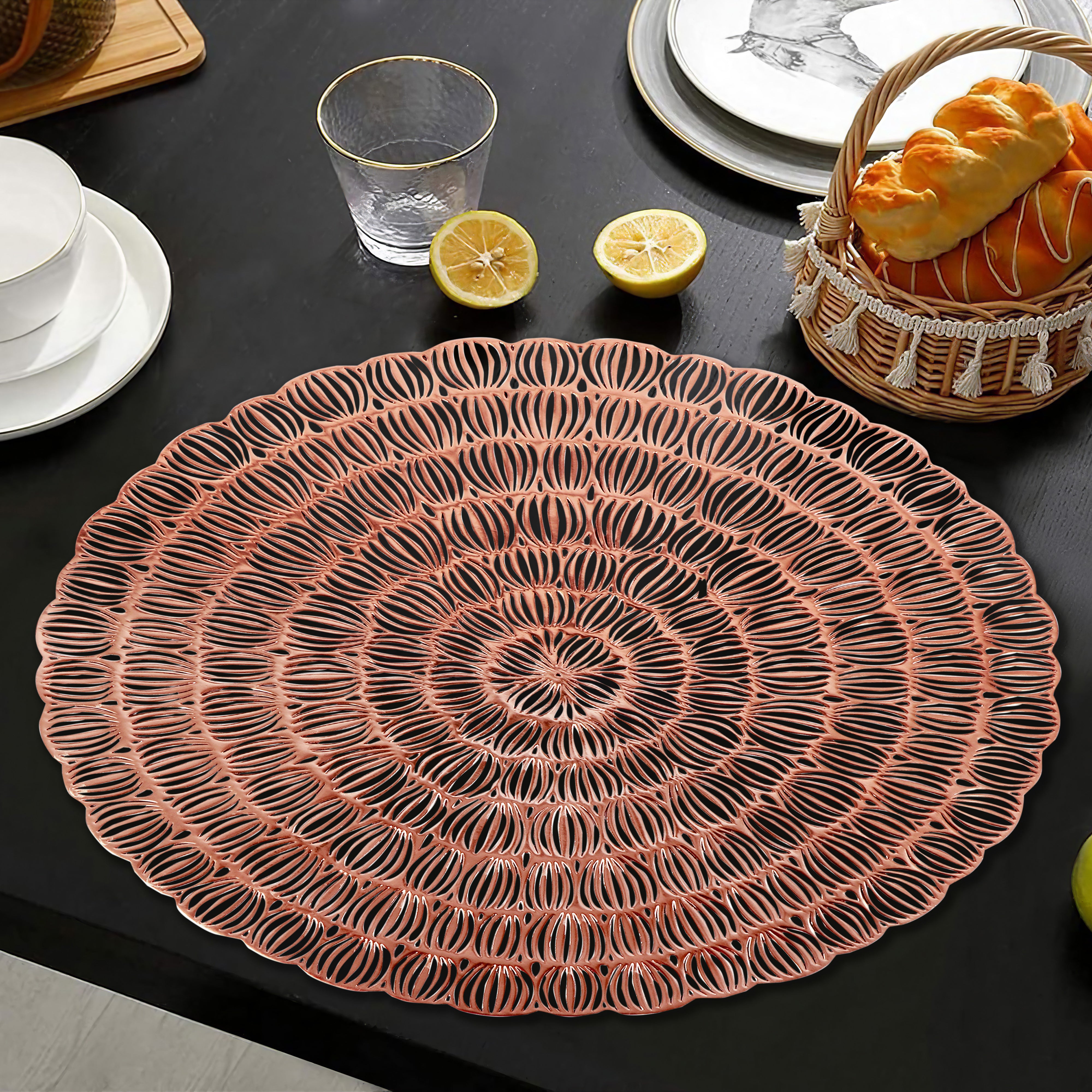 Leatherette Lazorcut Round Tablemats - Copper Lotus (Pack of 4)