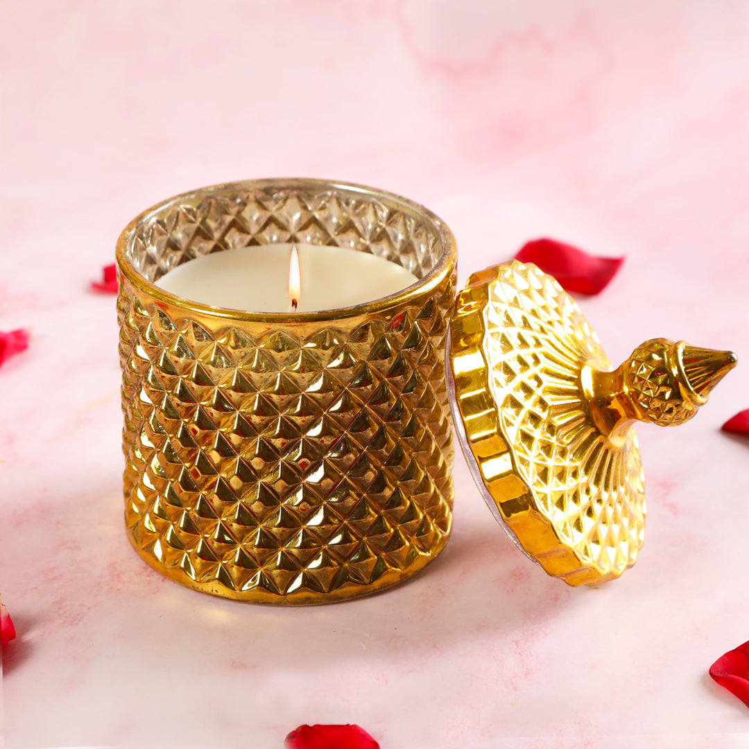 Diamond Cut Glass Jar Candle Gold