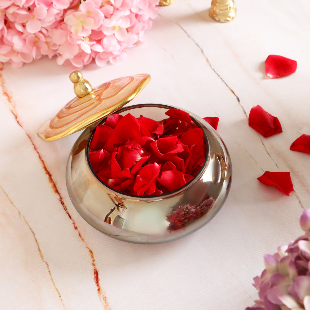 Small - Glass Jar With Rose Design Enamel Metal Lid