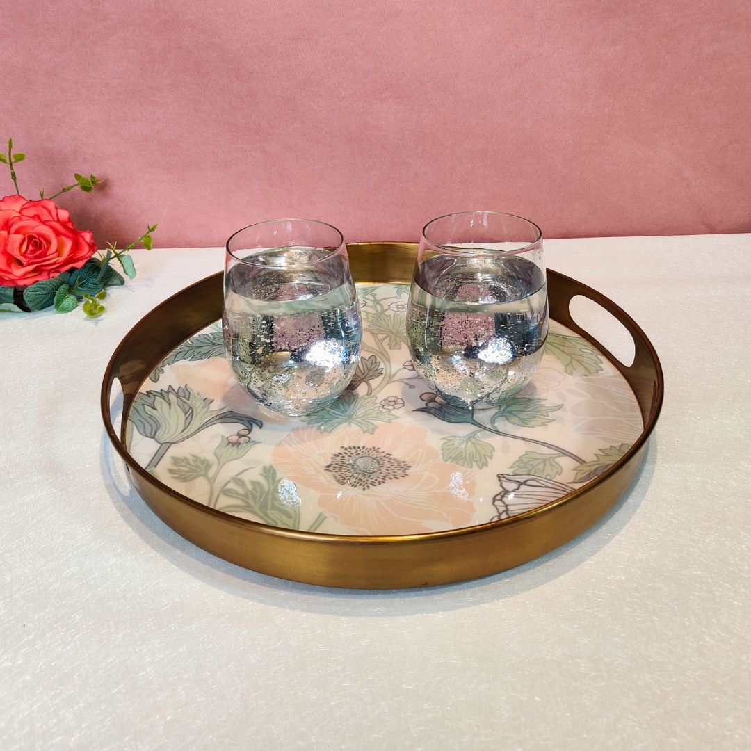 Round Brass Finish Mirror Tray - Olive Floral Print & Enamel