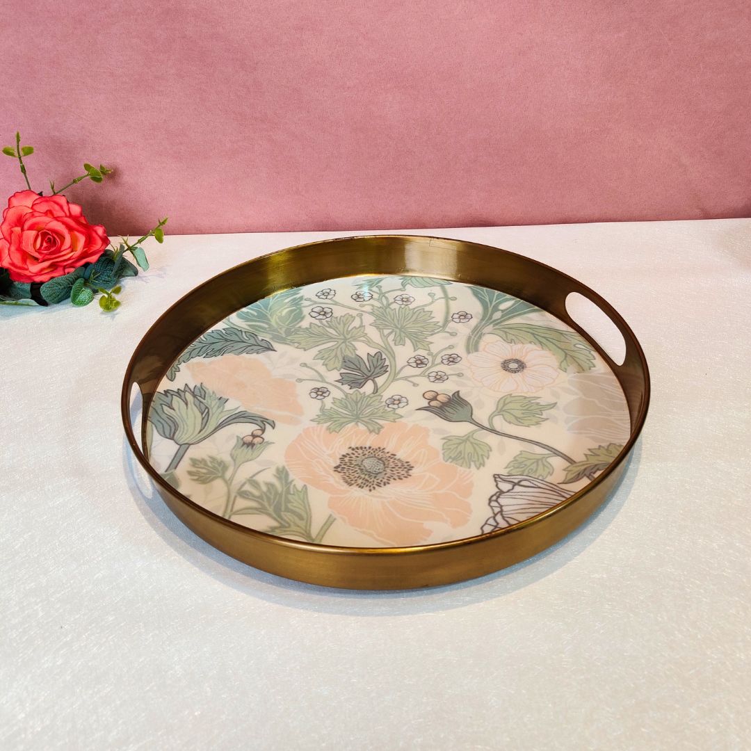 Round Brass Finish Mirror Tray - Olive Floral Print & Enamel