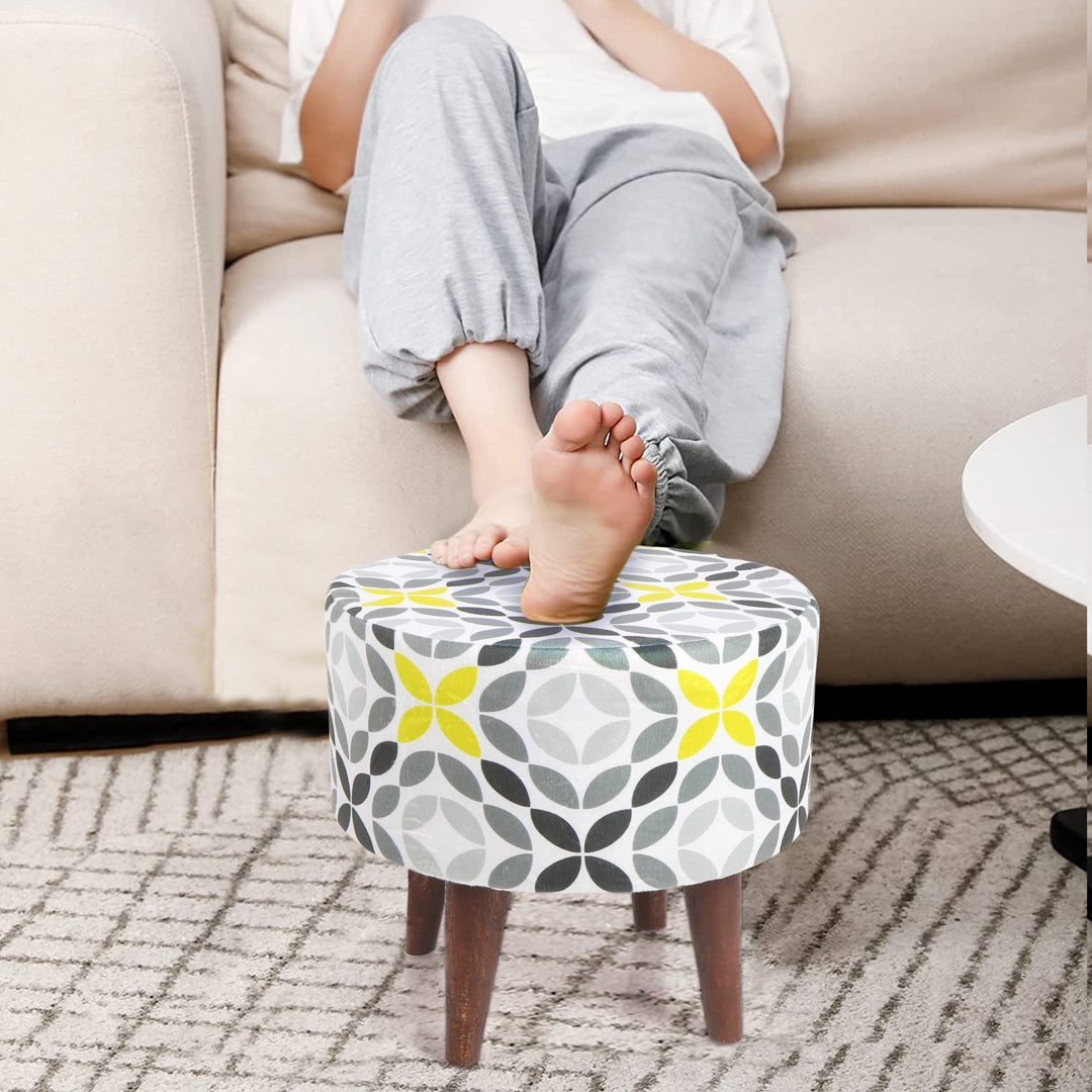 Round Pouffe Grey, White & Yellow - Pouffe Stools