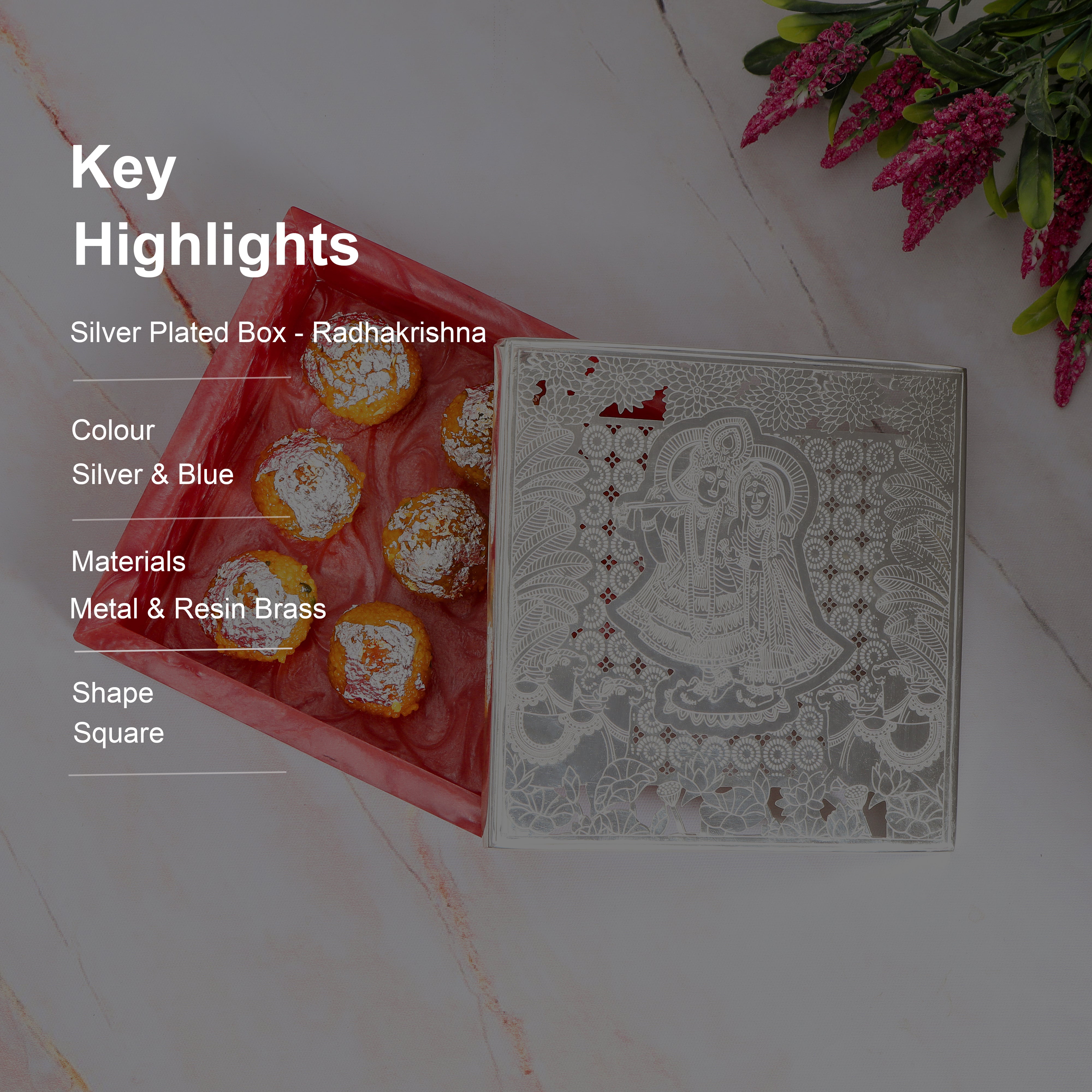 Resin Box With Brass Silver Plated Radha Krishna Design Cut Lid